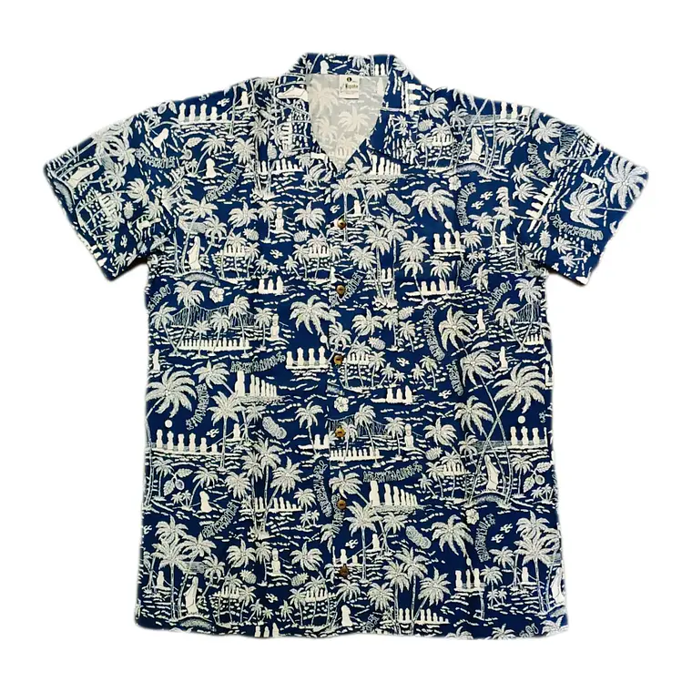 Camisa Polinesica diseño Anakena azul con blanco 1