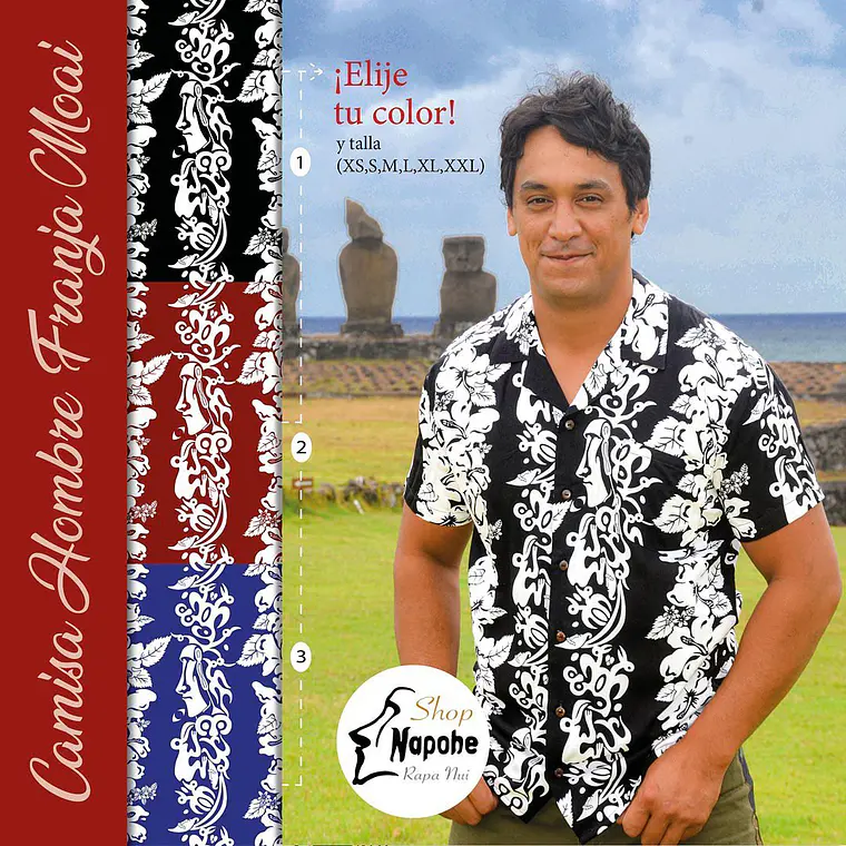 Camisa Polinesica Napohe negra Con Tangata Manu Y Moai blanco 2