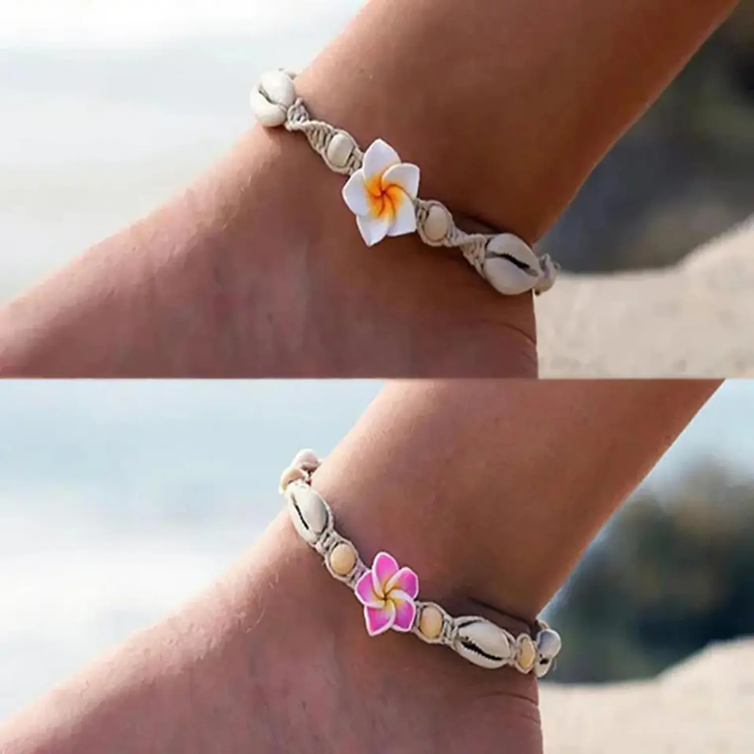 Tobillera de hilo con conchas pure blanco y tipanie fucsia 3