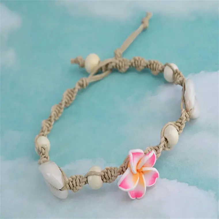 Tobillera de hilo con conchas pure blanco y tipanie fucsia 5