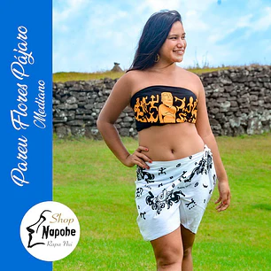 Pareo Corto Napohe flores pajaro negro / blanco 1,75X0,6MTS