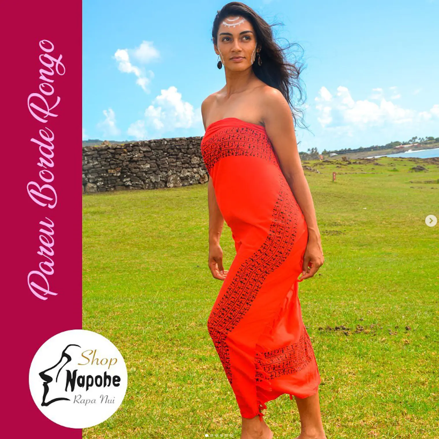 Pareo Borde Rongo Rongo naranjo / negro 1,75X1,15MTS 3
