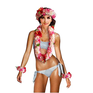 Leis Collar Flores Tipanie fucsia/beige e Hibiscos rojos