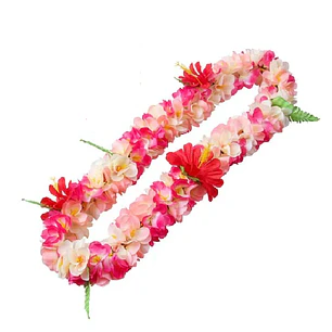 Leis Collar Flores Tipanie fucsia/beige e Hibiscos rojos