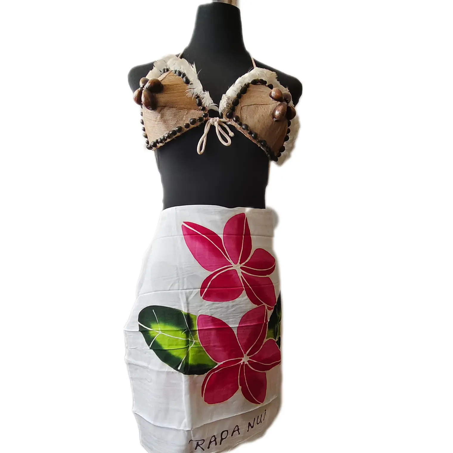 Pareo Corto blanco/ tipanie fucsia y hojas 1,75X0,6MTS 1