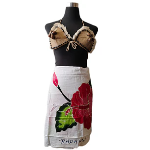 Pareo Corto blanco/ hibisco fucsia y lila Napohe 1,75X0,6MTS