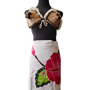 Pareo Corto blanco/ hibisco fucsia y lila Napohe 1,75X0,6MTS