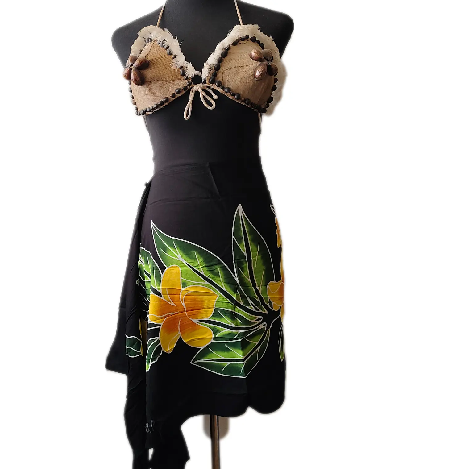 Pareo Corto negro/ flor amarillo naranjo Napohe 1,75X0,6MTS 2