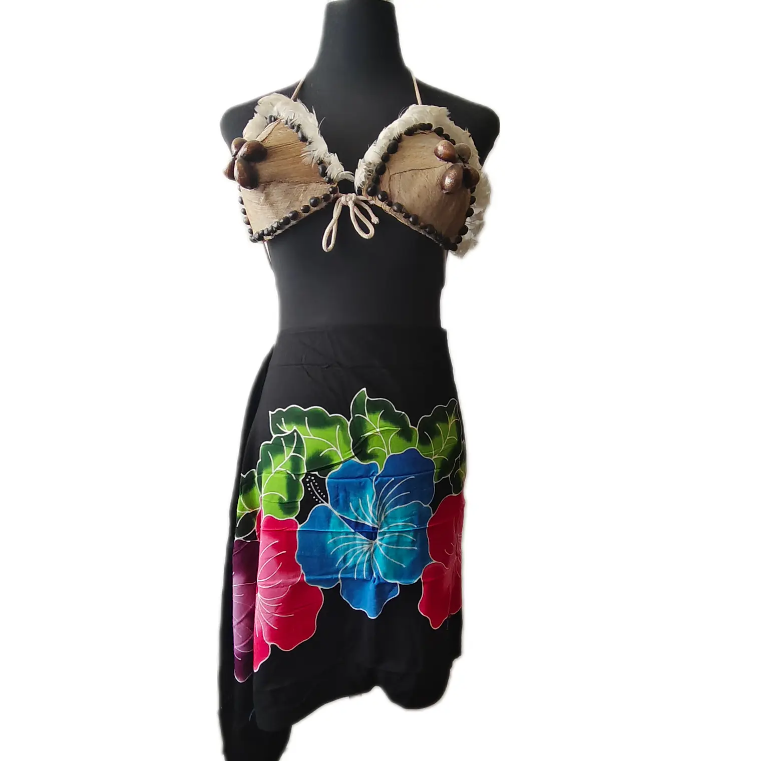 Pareo Corto negro/ hibisco fucsia, azul lila 1,75X0,6MT 1