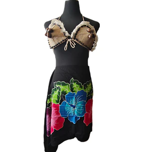 Pareo Corto negro/ hibisco fucsia, azul lila 1,75X0,6MT