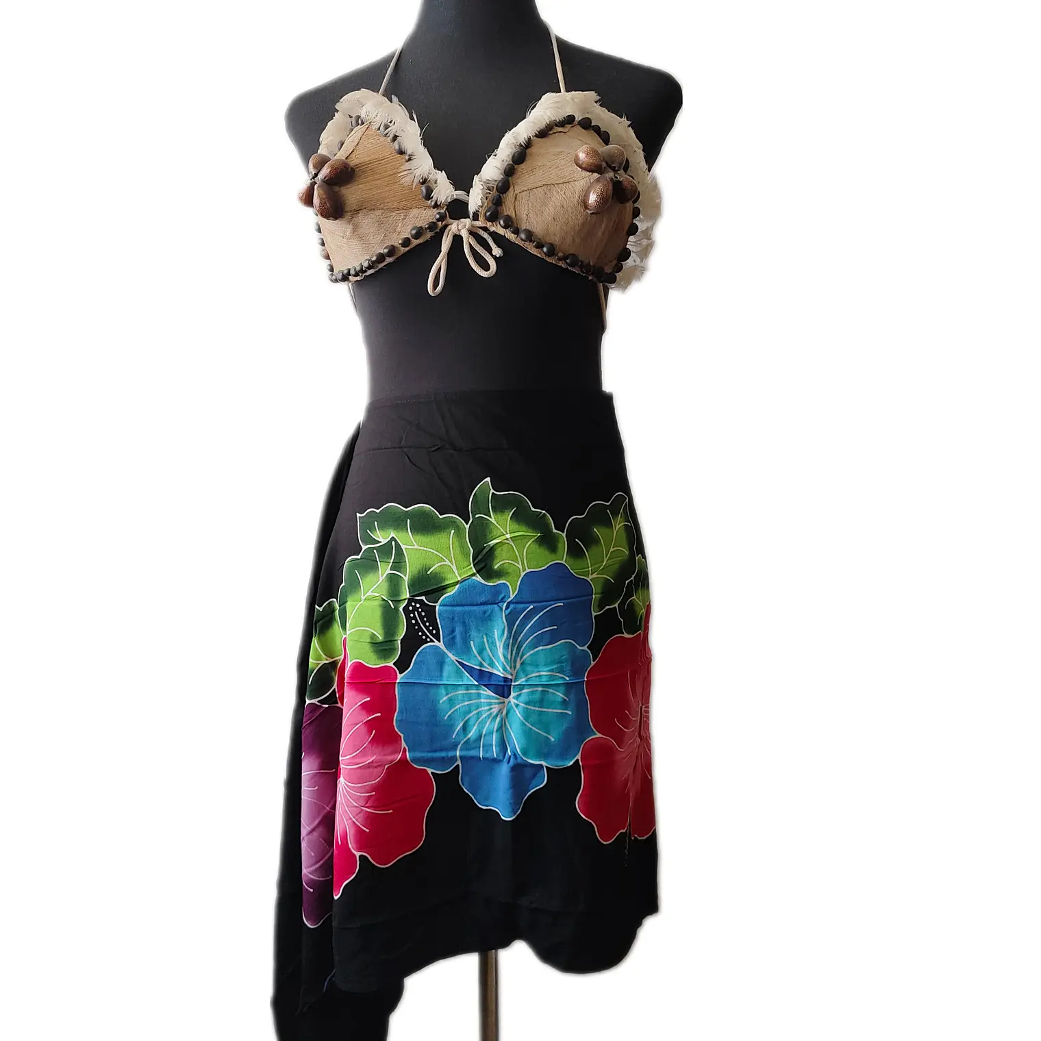 Pareo Corto negro/ hibisco fucsia, azul lila 1,75X0,6MT 2