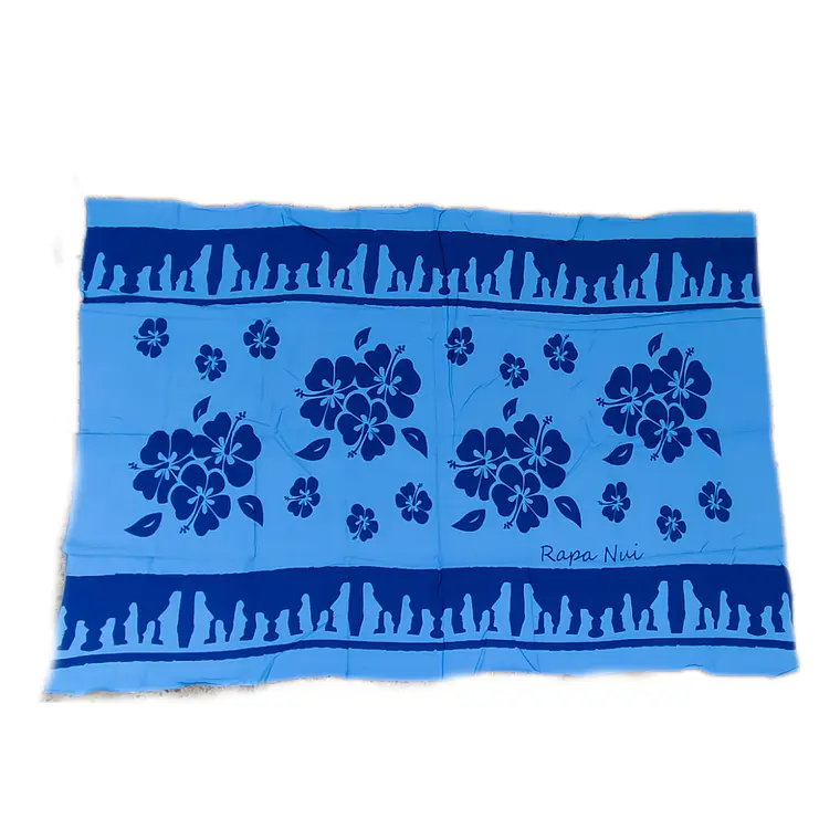 Pareo celeste con hibisco y moai azul Napohe 1,75x1,15mts 1