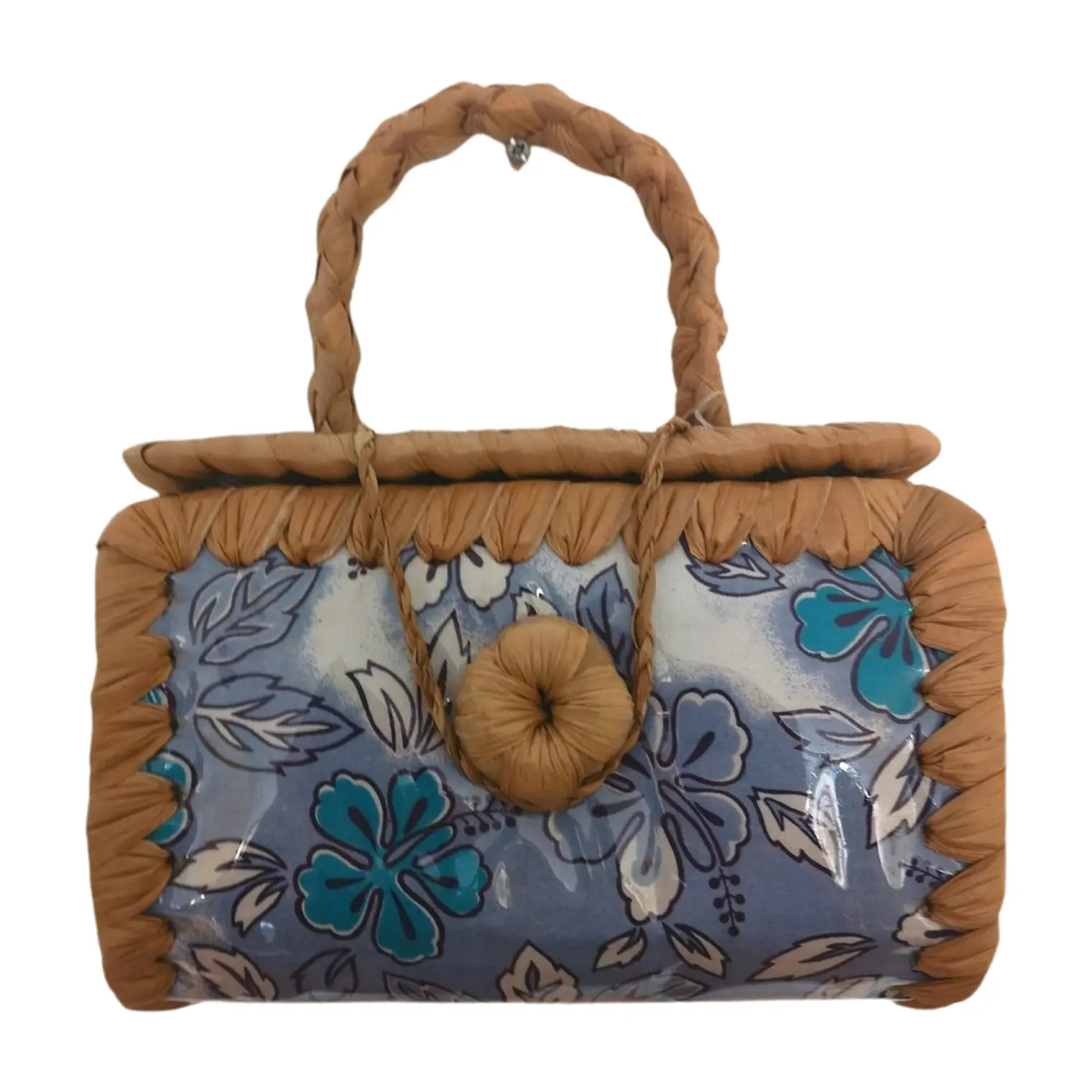 Bolsito Pandanus Y Tela Rapa Nui lila con flores 2