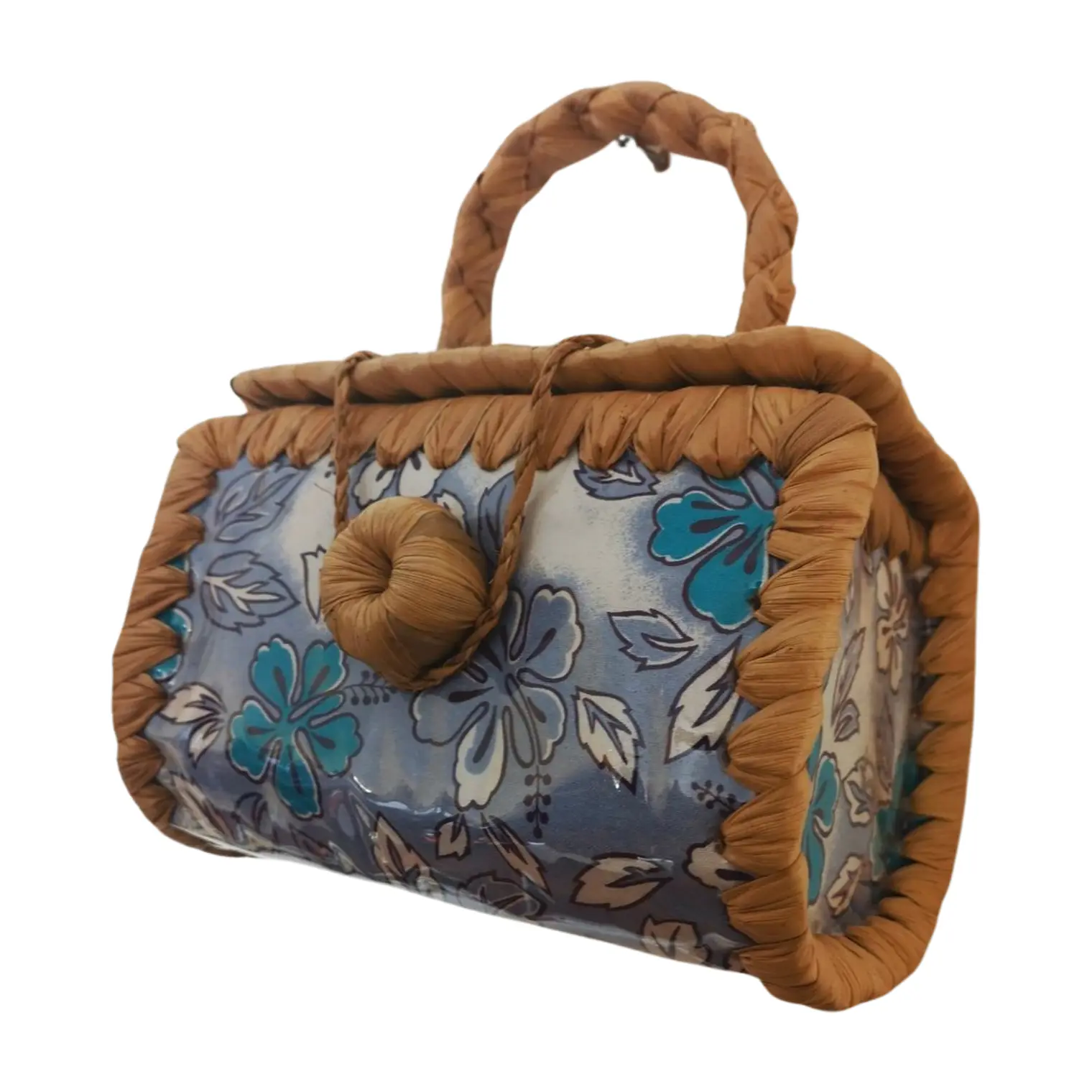 Bolsito Pandanus Y Tela Rapa Nui lila con flores 3