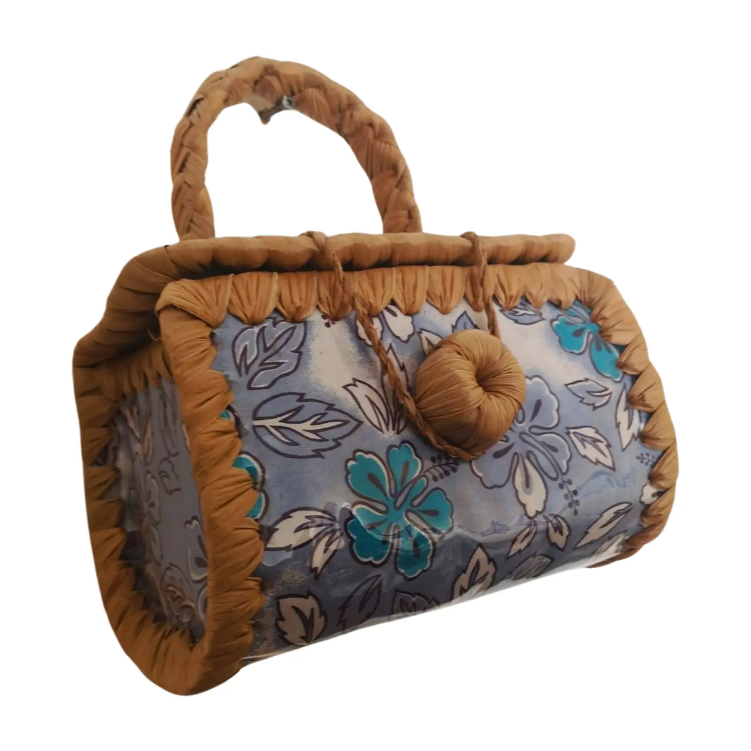 Bolsito Pandanus Y Tela Rapa Nui lila con flores 5