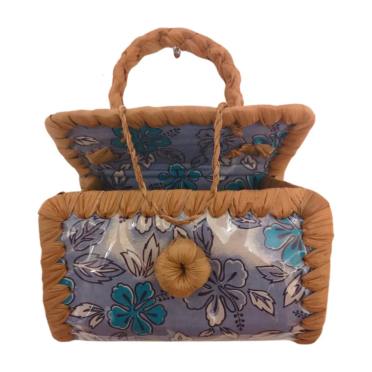 Bolsito Pandanus Y Tela Rapa Nui lila con flores 6