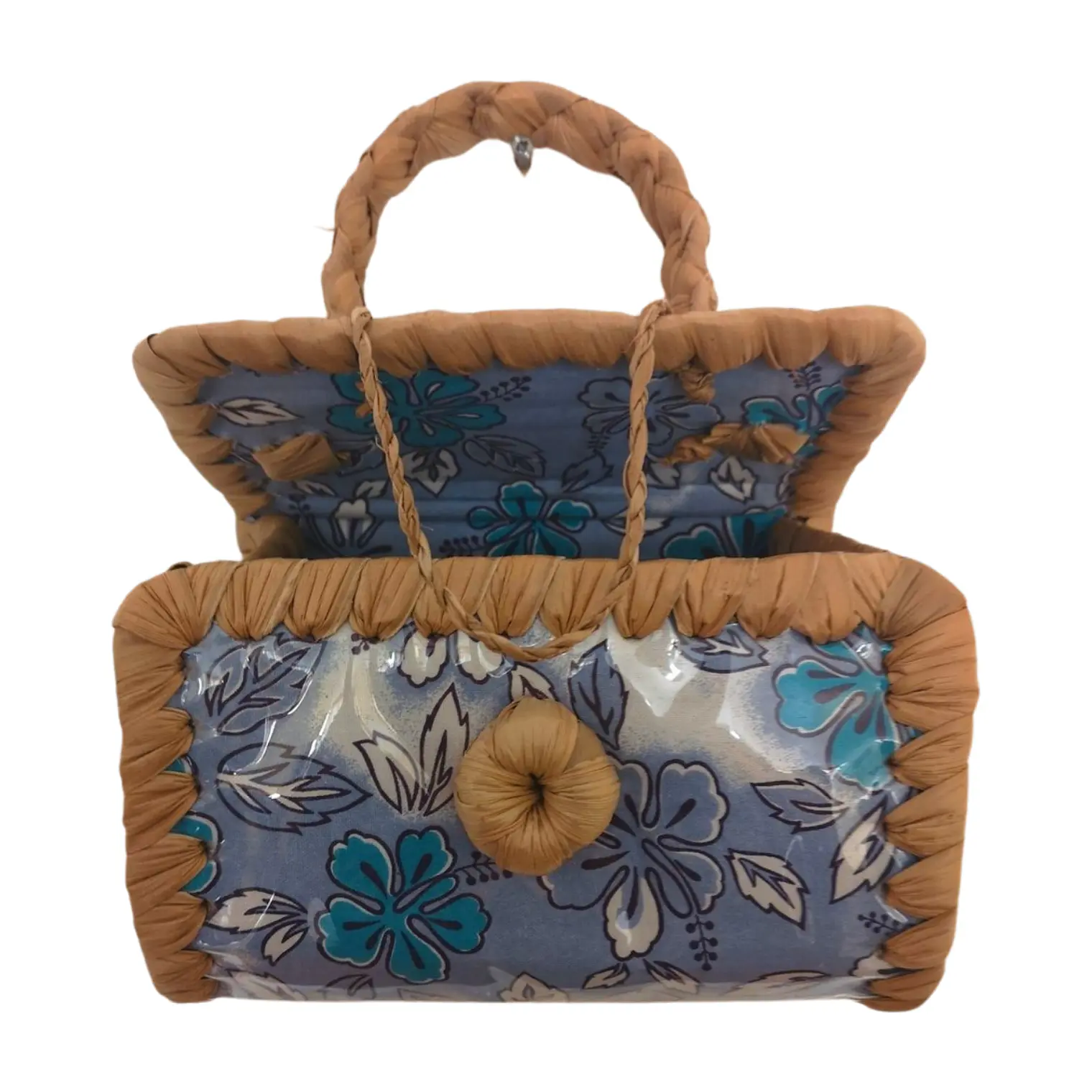 Bolsito Pandanus Y Tela Rapa Nui lila con flores 7