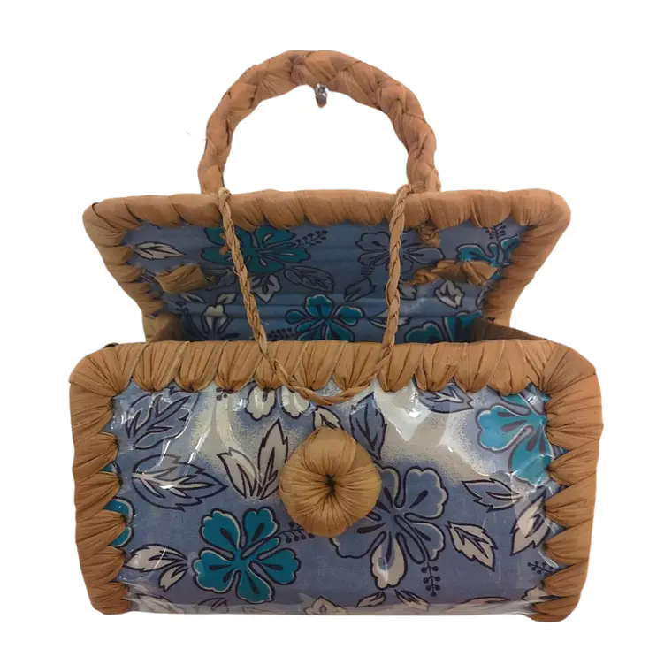 Bolsito Pandanus Y Tela Rapa Nui lila con flores 8