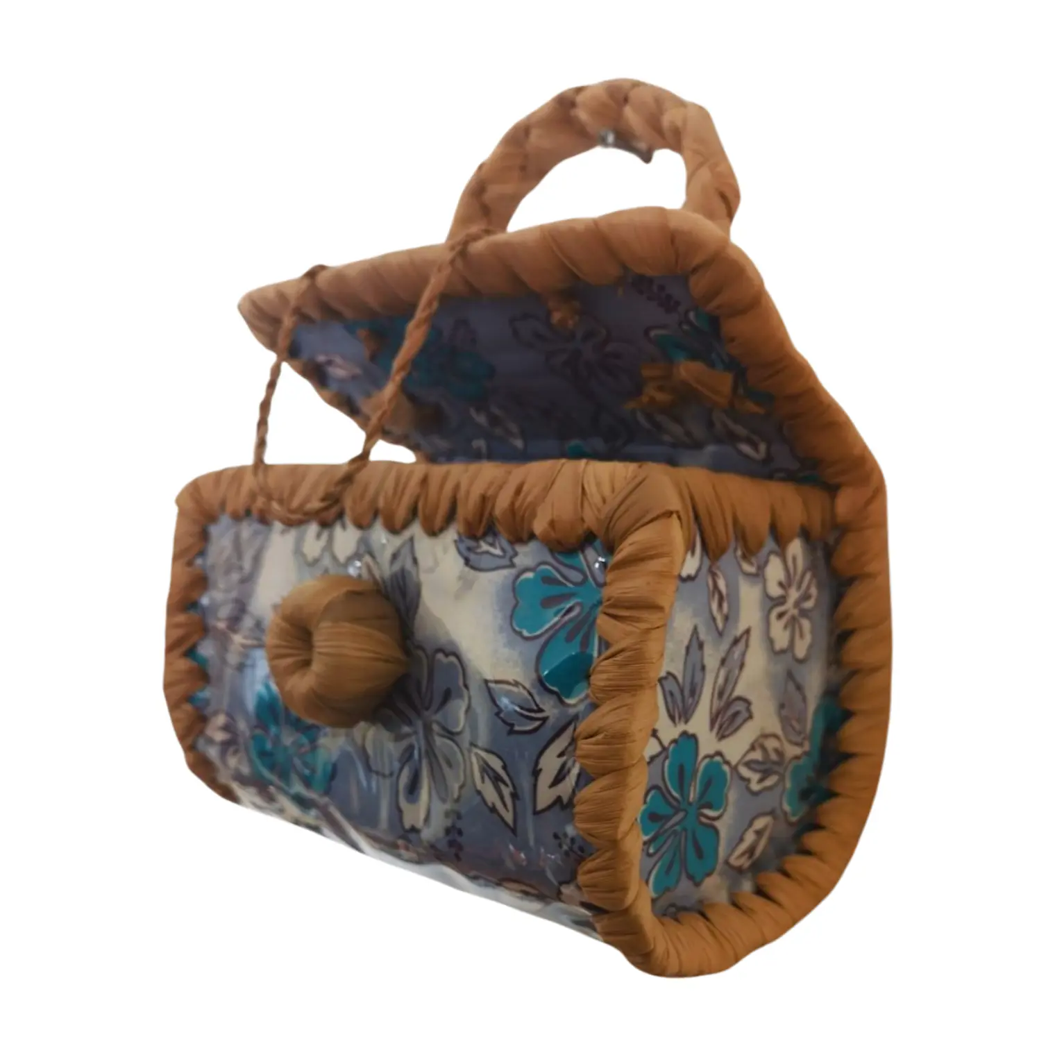 Bolsito Pandanus Y Tela Rapa Nui lila con flores 9