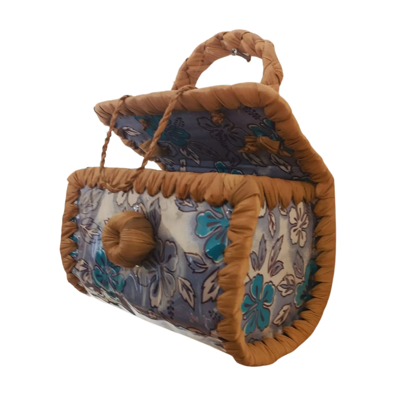 Bolsito Pandanus Y Tela Rapa Nui lila con flores 10