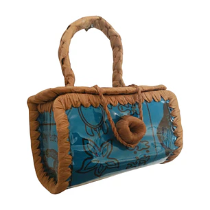 Bolsito Polinesico Fibra de Pandanus Y Tela Rapa Nui azul