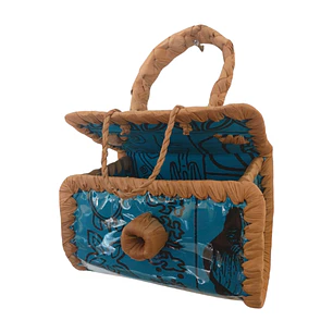 Bolsito Polinesico Fibra de Pandanus Y Tela Rapa Nui azul