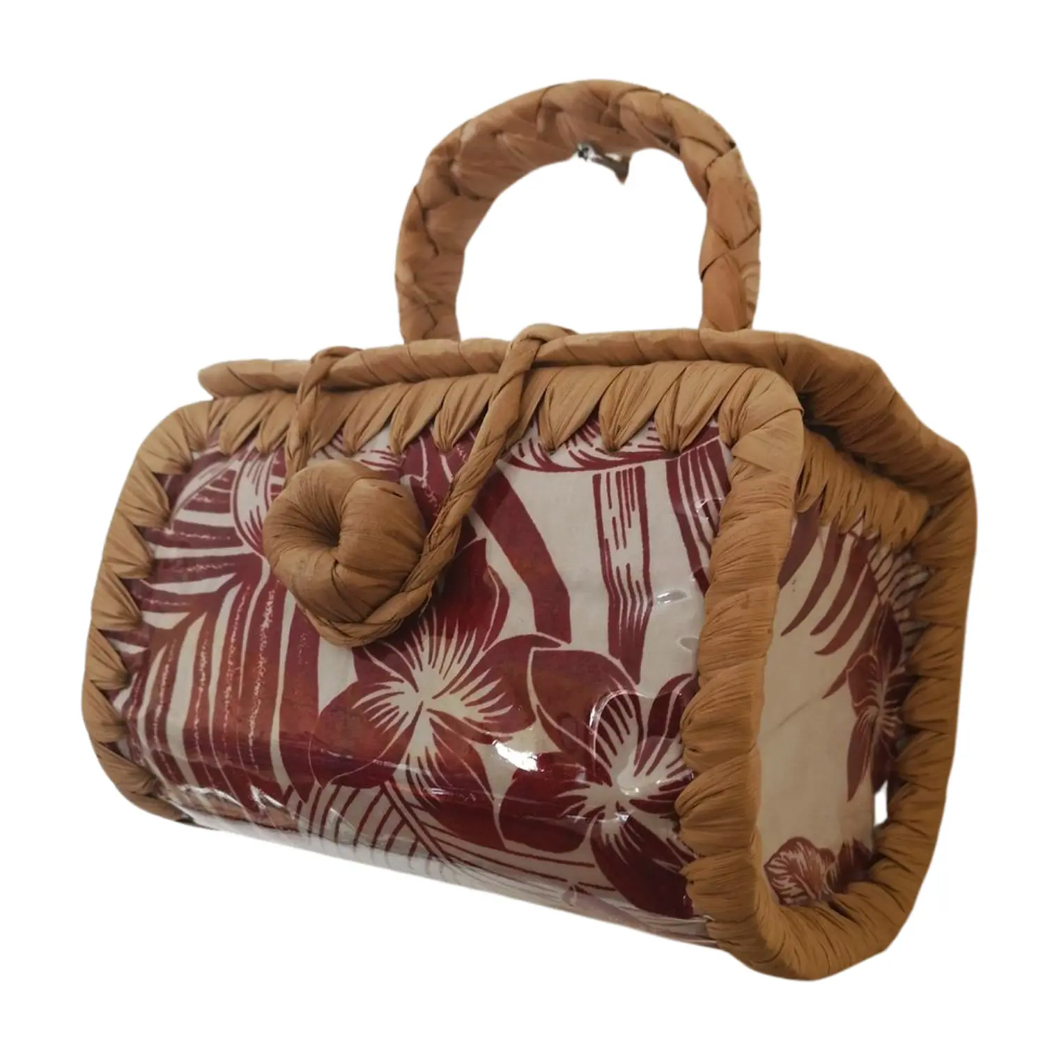 Bolsito hecho de Pandanus Y Tela Rapa Nui blanco con rojo 4