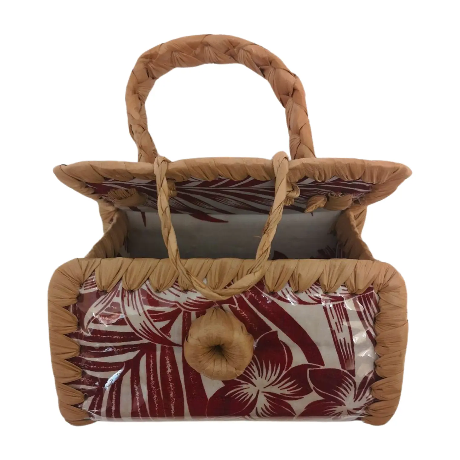 Bolsito hecho de Pandanus Y Tela Rapa Nui blanco con rojo 6