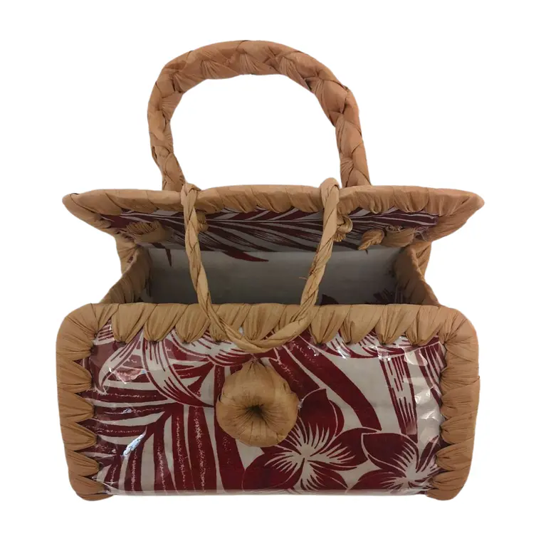 Bolsito hecho de Pandanus Y Tela Rapa Nui blanco con rojo 6