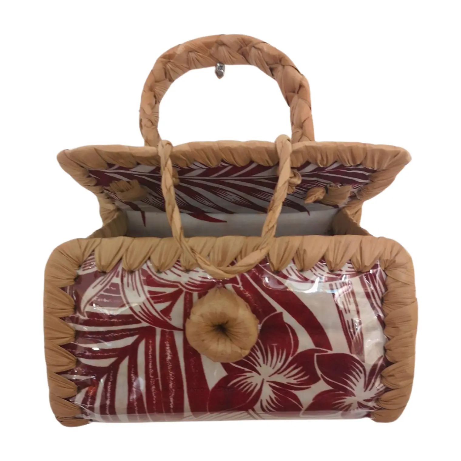 Bolsito hecho de Pandanus Y Tela Rapa Nui blanco con rojo 7