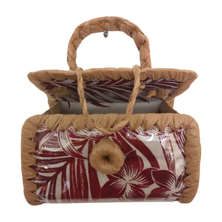 Bolsito hecho de Pandanus Y Tela Rapa Nui blanco con rojo 7