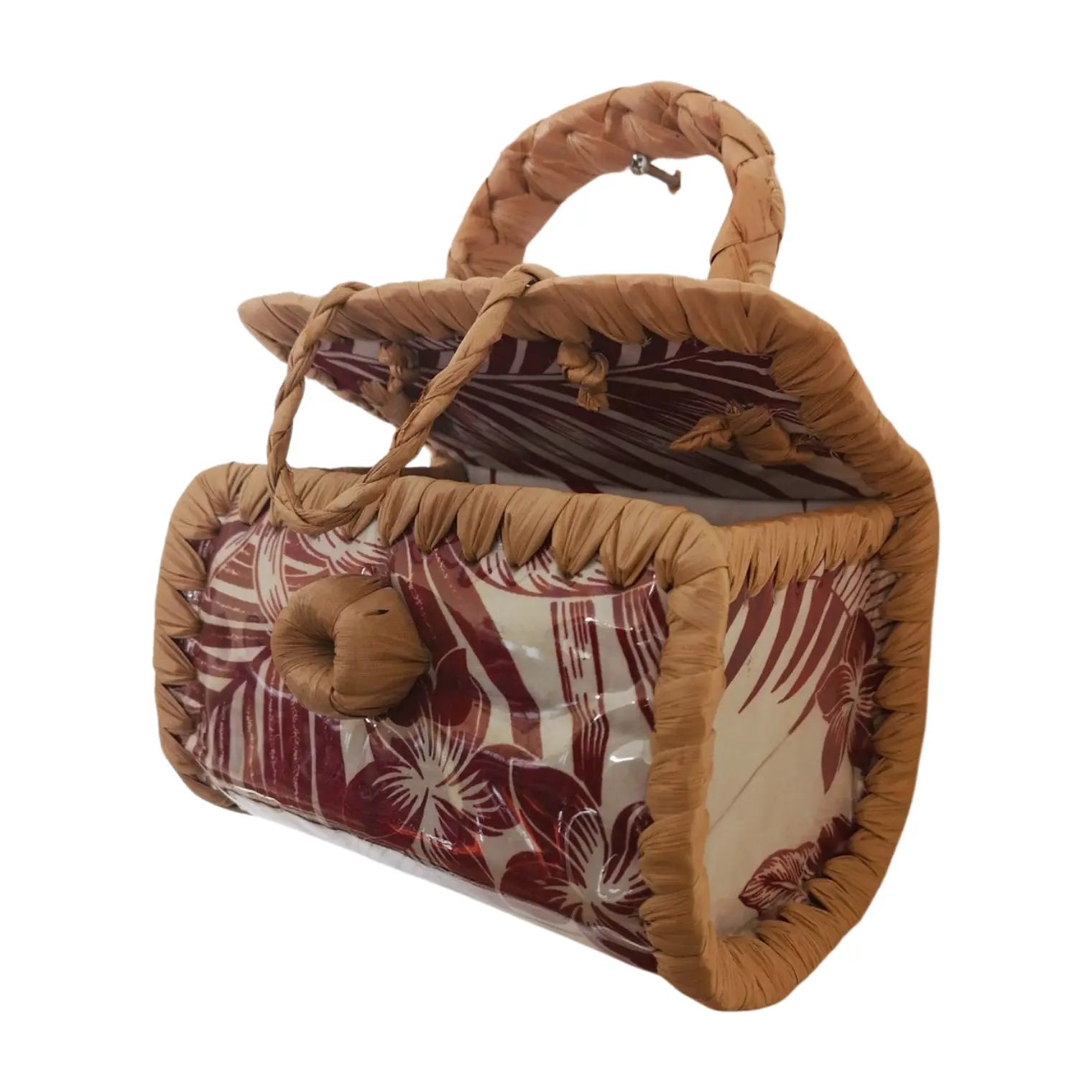 Bolsito hecho de Pandanus Y Tela Rapa Nui blanco con rojo 8