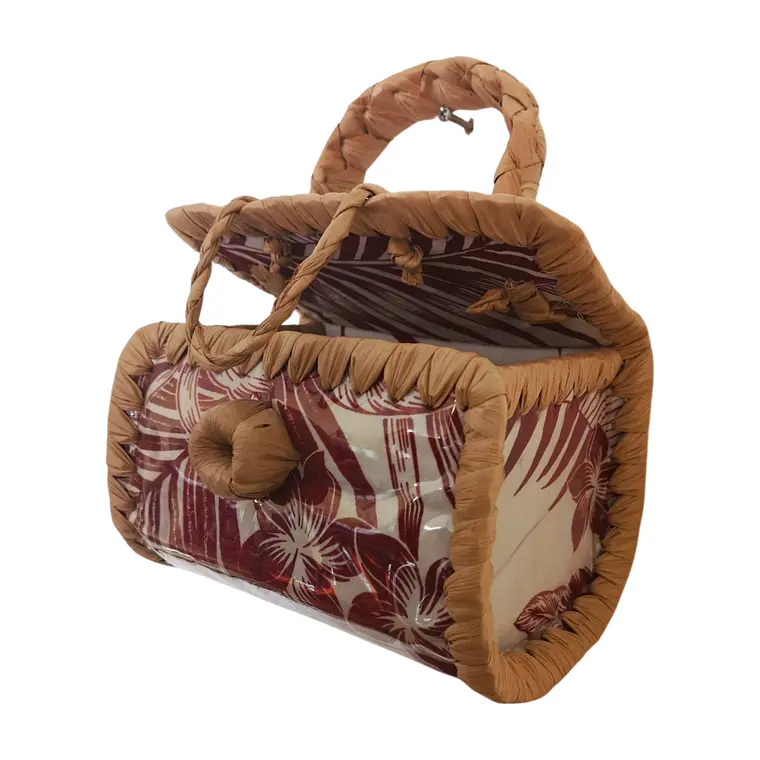 Bolsito hecho de Pandanus Y Tela Rapa Nui blanco con rojo 8