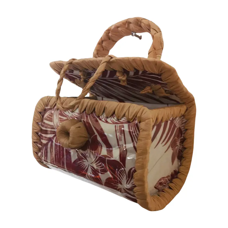 Bolsito hecho de Pandanus Y Tela Rapa Nui blanco con rojo 9