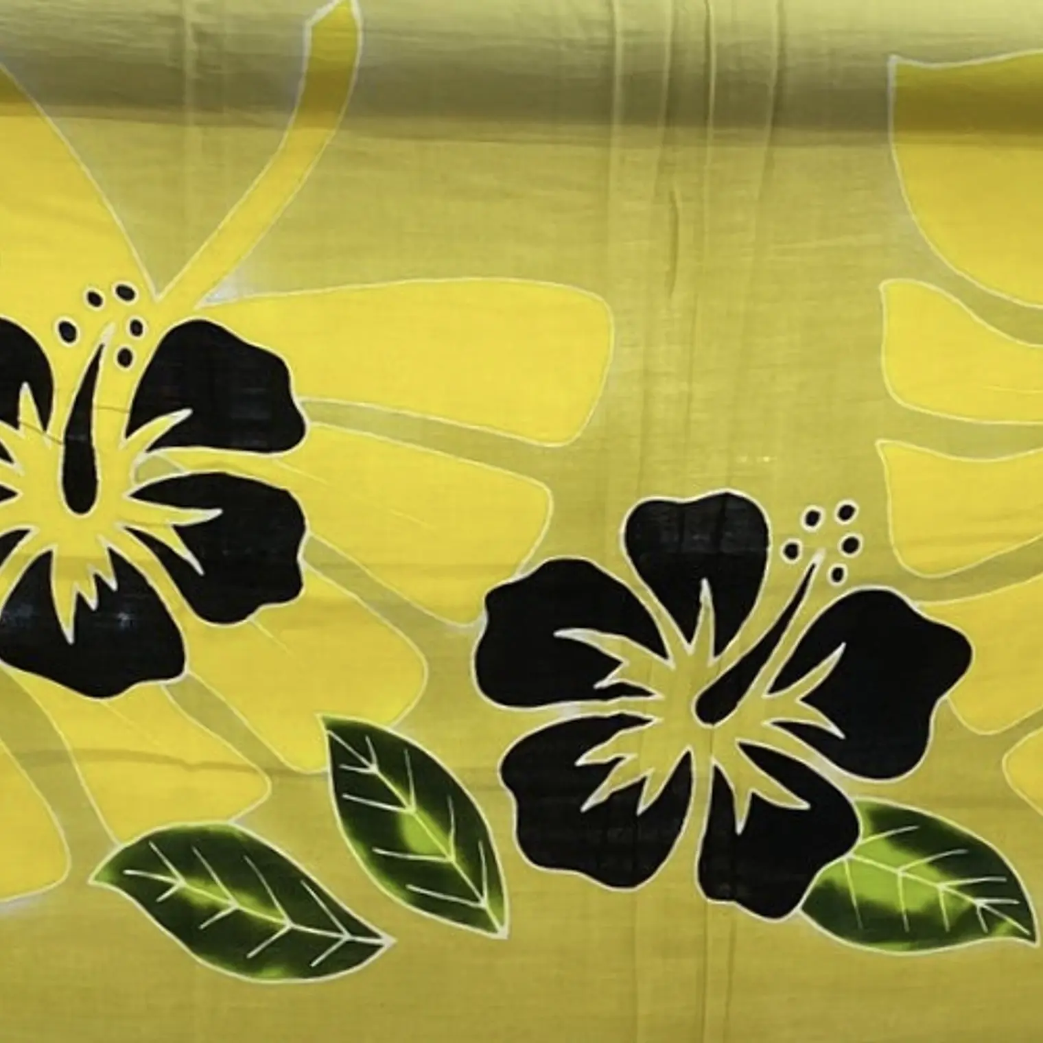 Pareo Corto beige / hibisco negro y hojas amarillas 1,75X0,6MTS 1