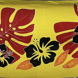Pareo Corto amarillo / hibisco negro y hojas rojas