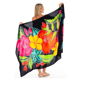 Pareo de Gasa translucido negro tipanie amarilla hibiscos
