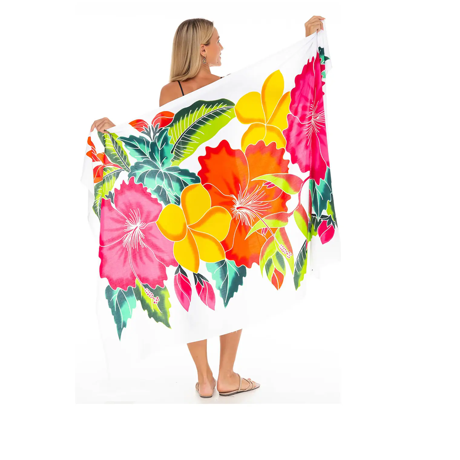 Pareo de GASA TRANSLUCIDO blanci tipanie amarilla hibiscos 1