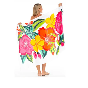 Pareo de GASA TRANSLUCIDO blanci tipanie amarilla hibiscos