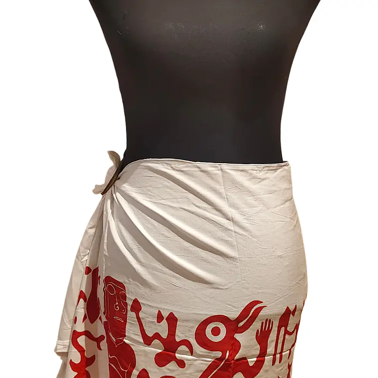 Pareo Corto Napohe rojo Con Moai y Rongo Rongo Blanco Rojo 1