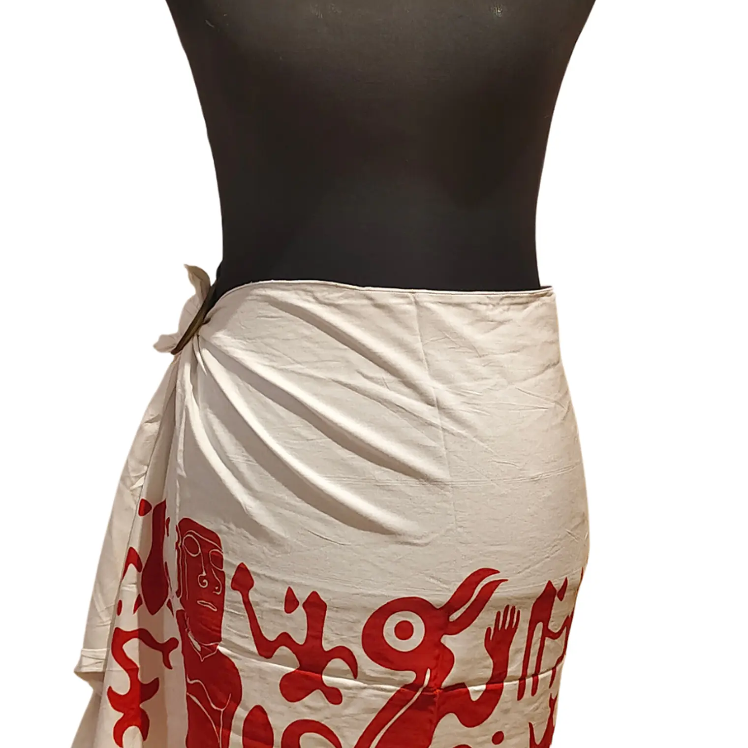 Pareo Corto Napohe rojo Con Moai y Rongo Rongo Blanco Rojo 3
