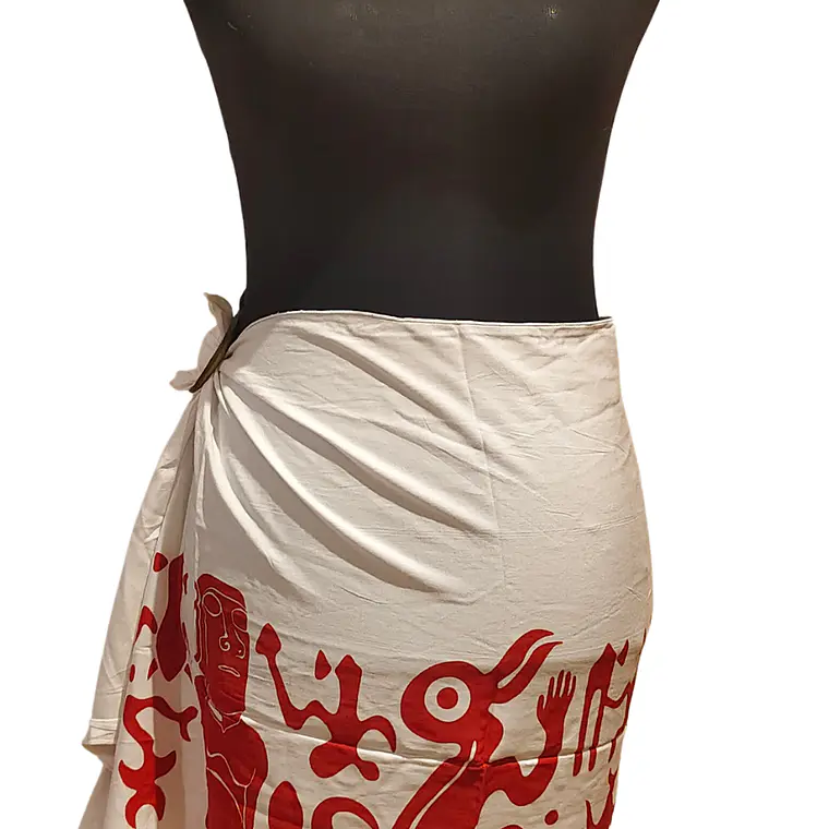 Pareo Corto Napohe rojo Con Moai y Rongo Rongo Blanco Rojo 3