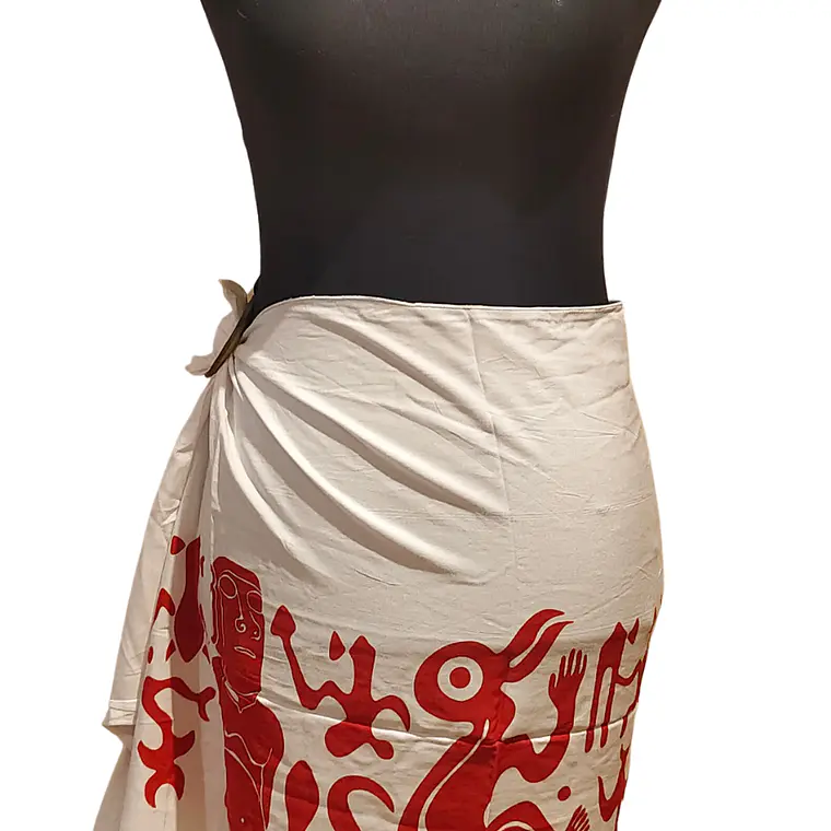 Pareo Corto Napohe rojo Con Moai y Rongo Rongo Blanco Rojo 5