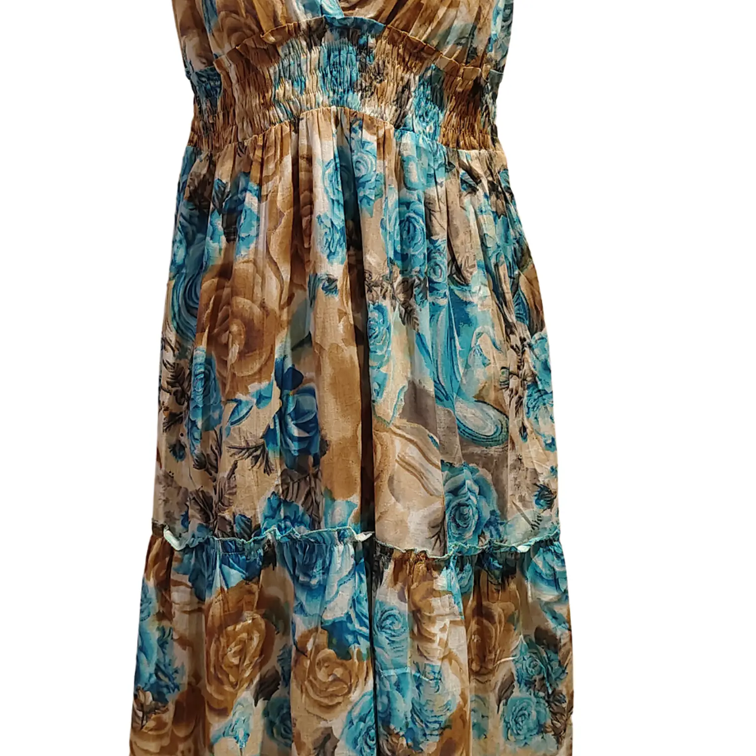 Vestido Algodon Turquesa con flores cafe talla L 7