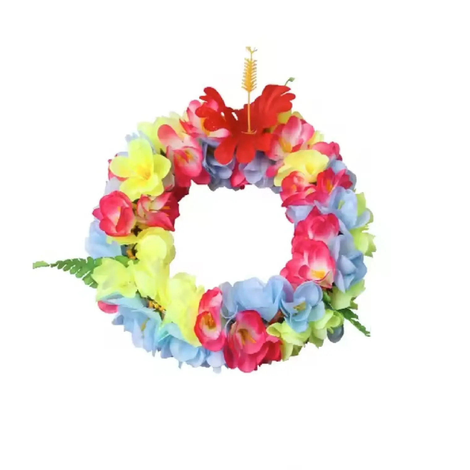 Corona De Flores Celeste con amarillo y fucsia elasticada 1
