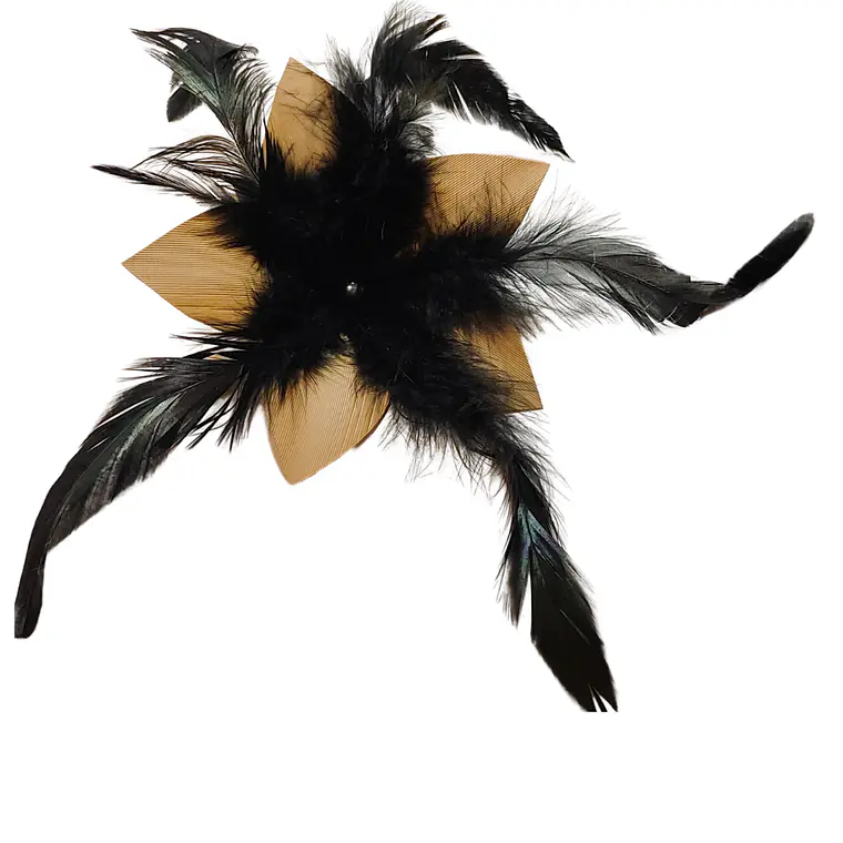 Pinche Para Cabello Flor De Pandanus 10cm con 5 plumas negras largas 1