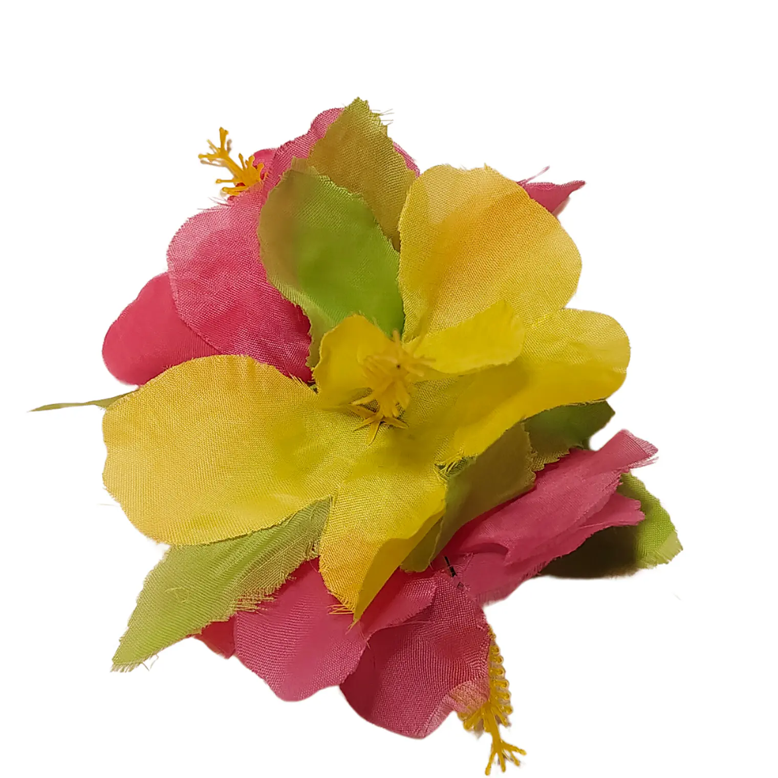 Flor Pinza metalica 3 Hibiscos Fucsia / Amarillo de tela Para El Cabello 2