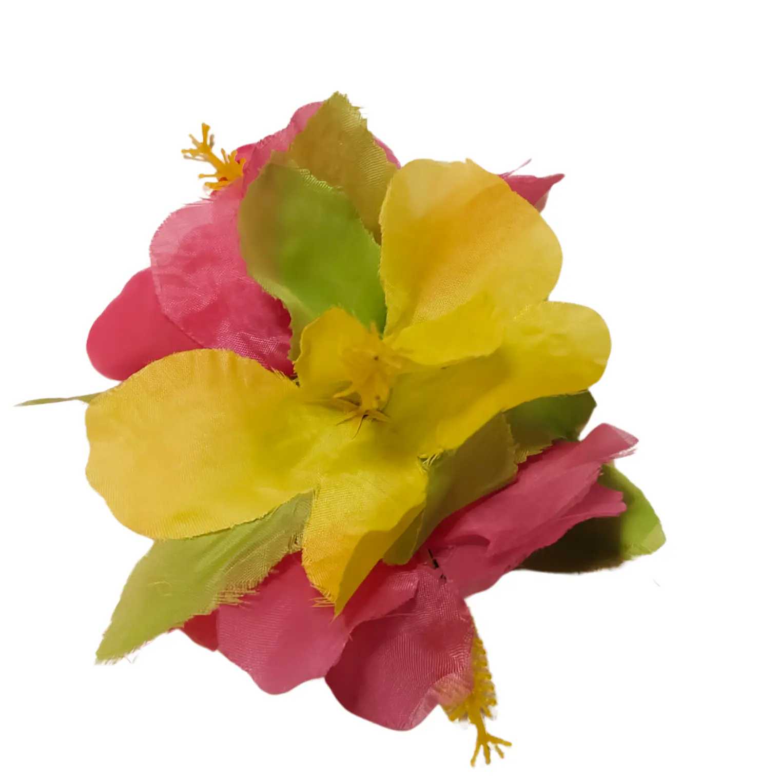 Flor Pinza metalica 3 Hibiscos Fucsia / Amarillo de tela Para El Cabello 4