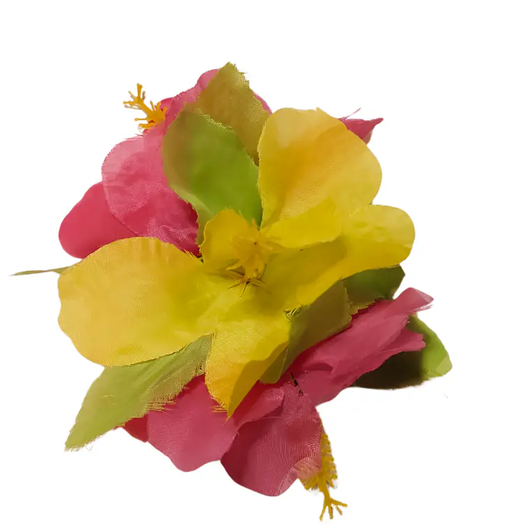 Flor Pinza metalica 3 Hibiscos Fucsia / Amarillo de tela Para El Cabello 4