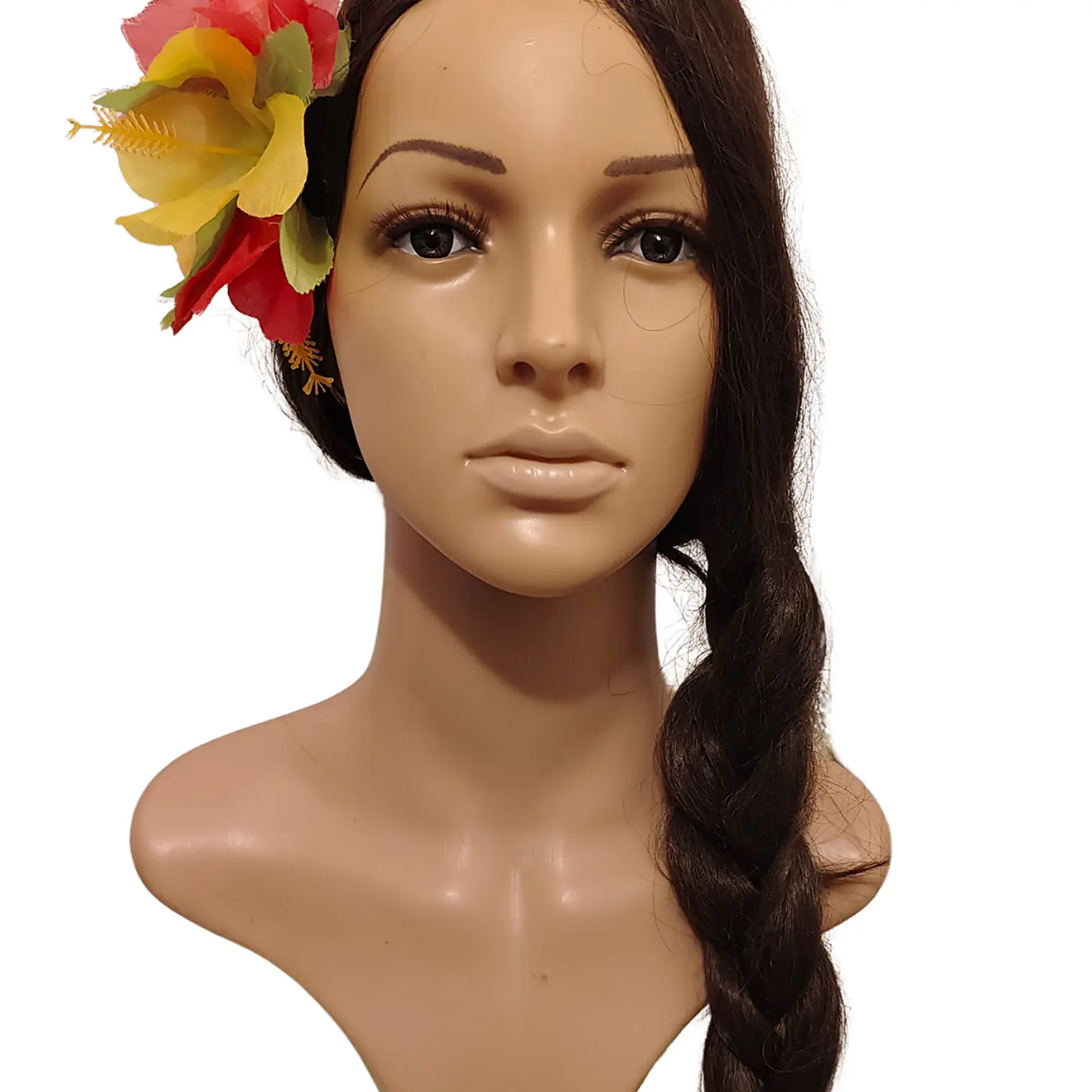 Flor Pinza metalica 3 Hibiscos Fucsia / Amarillo de tela Para El Cabello 1